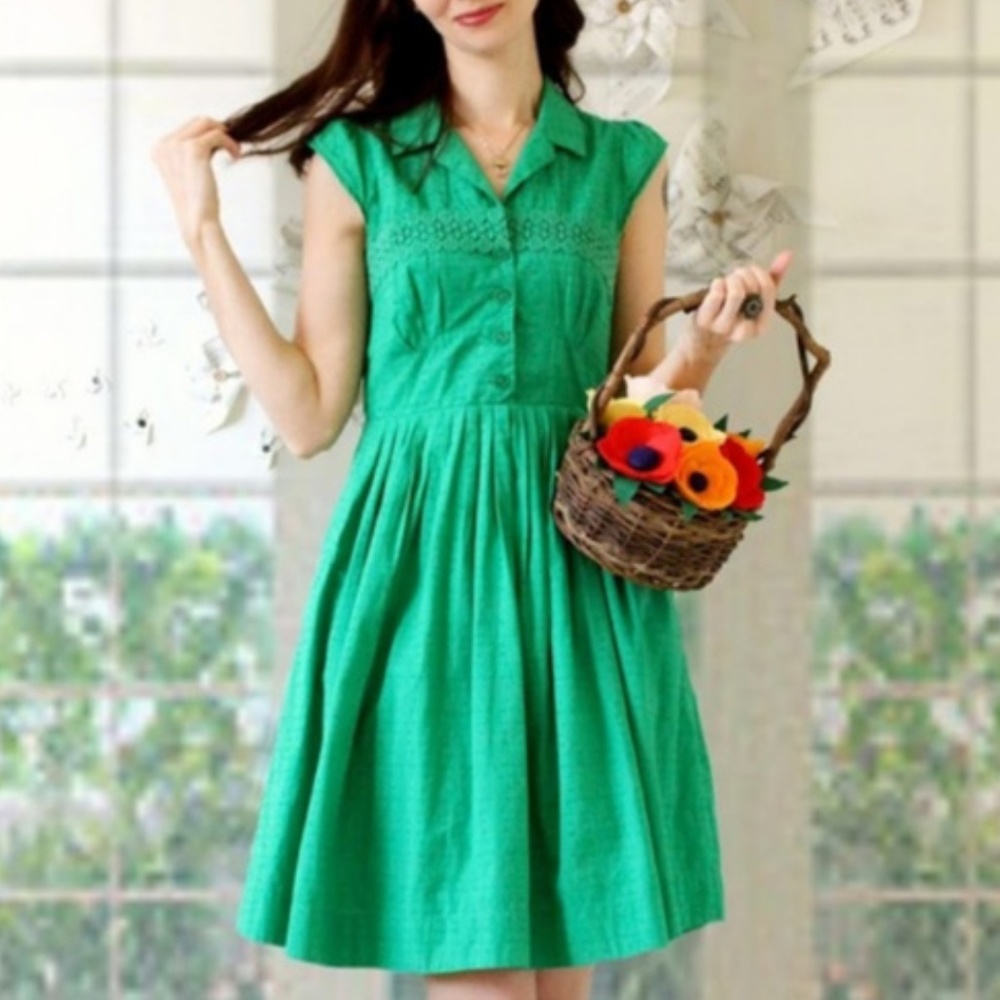Anthropologie bright green embroidered shirt dress